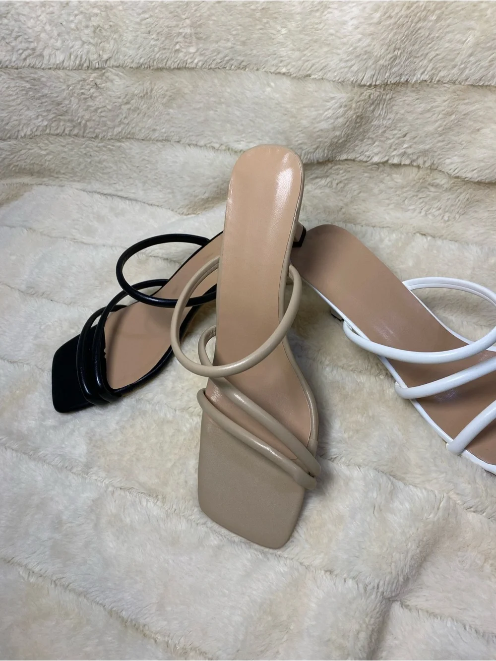 White Nude or black Strappy Square-Toe Heeled Sandals - Women